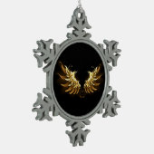 Golden Angel Wings auf schwarzem Hintergrund Schneeflocken Zinn-Ornament (Links)