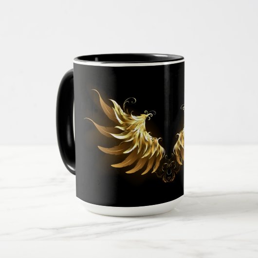 Golden Angel Wings auf schwarzem Hintergrund Tasse (Vorderseite Links)
