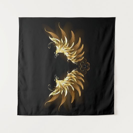 Golden Angel Wings auf schwarzem Hintergrund Wandteppich (Vorderseite)