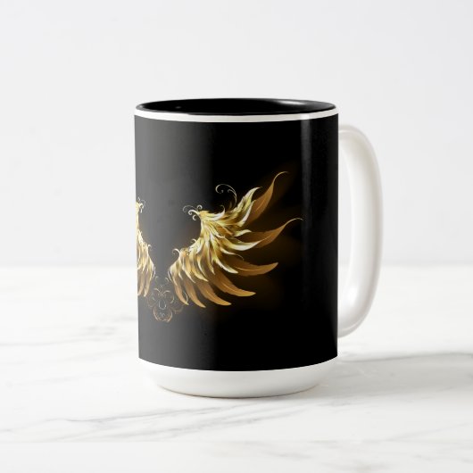 Golden Angel Wings auf schwarzem Hintergrund Zweifarbige Tasse (VorderseiteRechts)