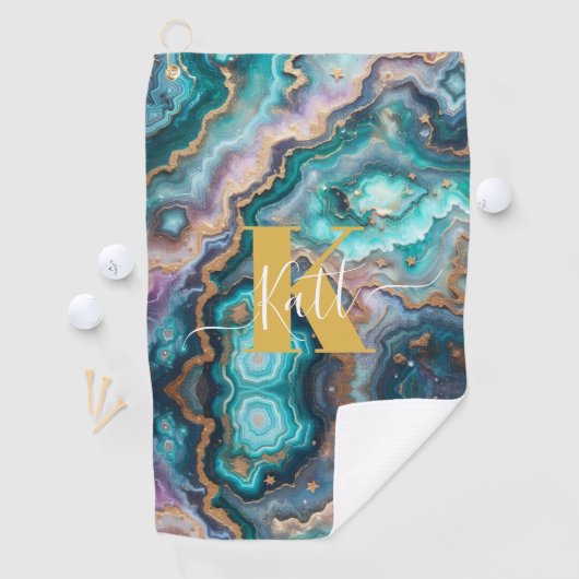 Golden Aquamarin Aqua Agate Custom Modern Monogram Golfhandtuch (Insitu)