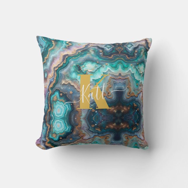 Golden Aquamarin Aqua Agate Custom Modern Monogram Kissen (Vorderseite)