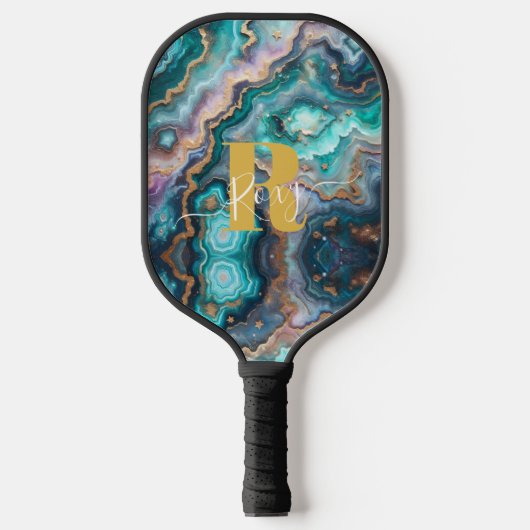 Golden Aquamarin Aqua Agate Custom Modern Monogram Pickleball Schläger (Vorderseite)