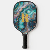 Golden Aquamarin Aqua Agate Custom Modern Monogram Pickleball Schläger (Rückseite)
