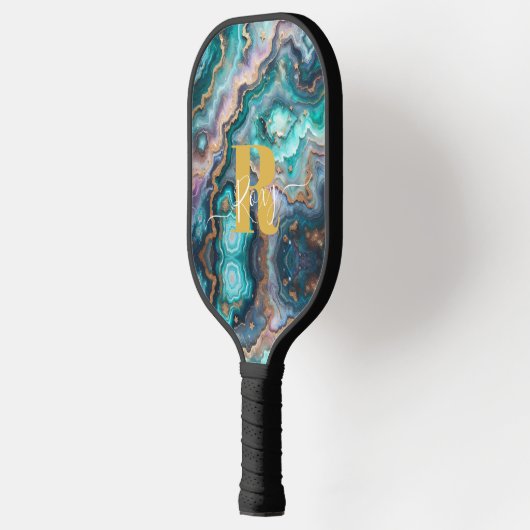 Golden Aquamarin Aqua Agate Custom Modern Monogram Pickleball Schläger (Links)