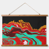 Golden, Aquamarin, Rot und Schwarz Fluid Art Wandteppich Mit Holzrahmen (Vorne)
