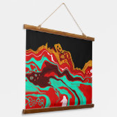 Golden, Aquamarin, Rot und Schwarz Fluid Art Wandteppich Mit Holzrahmen (Gewinkelt)