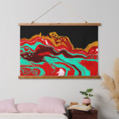 Golden, Aquamarin, Rot und Schwarz Fluid Art Wandteppich Mit Holzrahmen (Schlafzimmer)
