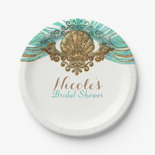 Golden & Aquamarin Sea Muschel Glam Beach Party El Pappteller (Vorderseite)