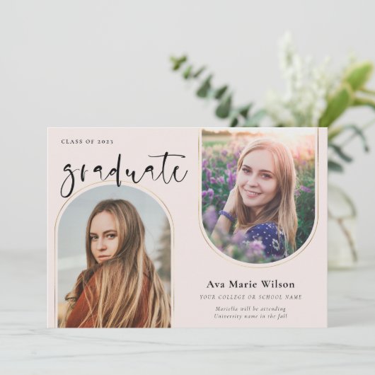 Golden Arches | Blush Foto Calligraphy Abschluss Einladung (Stehend Vorderseite)