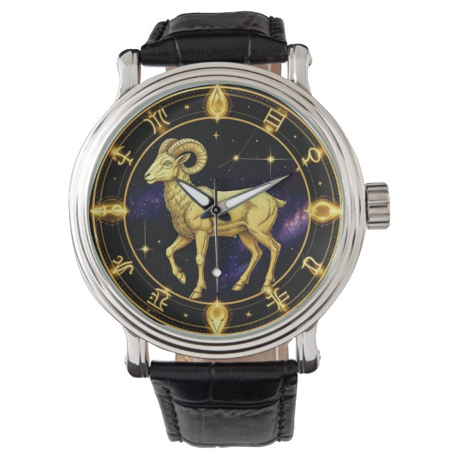 Golden Aries Zodiac Circle With Ram Armbanduhr (Vorderseite)