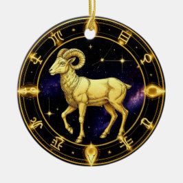 Golden Aries Zodiac Circle With Ram Keramik Ornament