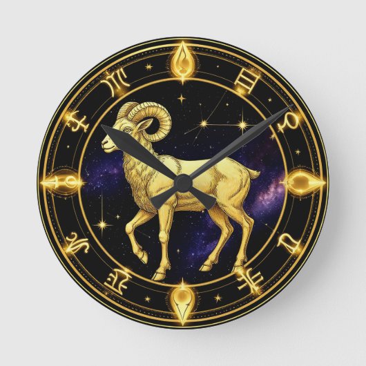 Golden Aries Zodiac Circle With Ram Runde Wanduhr (Vorderseite)