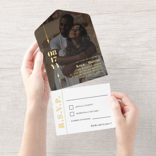 Golden Arrows & Date Foto Informelle Hochzeit All-in-One-Einladung (Abreißstreifen)