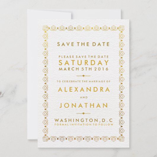 Golden Art Deco Speichern Sie die Datumskarten Save The Date (Vorderseite)