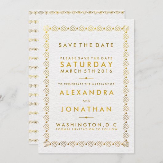 Golden Art Deco Speichern Sie die Datumskarten Save The Date (Vorne/Hinten)