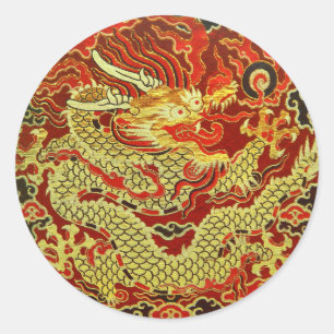 Golden asian dragon bestickt in dunkelrot runder aufkleber