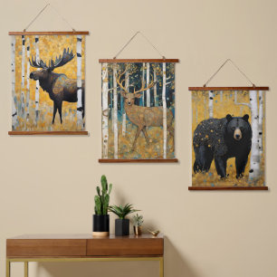 Golden Aspen Art Nouveau Tiere Wandteppich Mit Holzrahmen