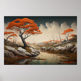 Golden Autumn Dreamscape With Orange Trees Fantasy Poster
