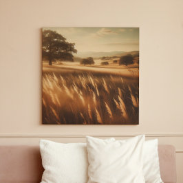 Golden Autumn Meadow with Vintage Oak Trees View Leinwanddruck