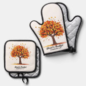 Golden Autumn Trees Happy Thanksgiving Greeting Ofenhandschuh & Topflappen-Set (Vorderseite/Rückseite)
