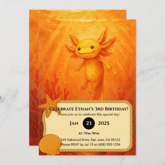 Golden Axolotl in Coral Reef Birthday  Einladung (Vorne/Hinten)