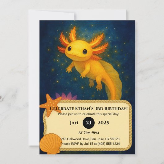 Golden Axolotl Over Lotus Pond Birthday  Einladung (Vorderseite)