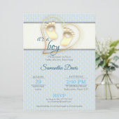 Golden Baby Boy Footprints und Hearts Baby Shooter Einladung (Stehend Vorderseite)