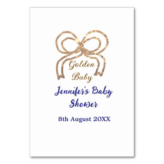 Golden baby Glitzer Bogen Royal Blue Babydusche Tischnummer (Vorderseite)