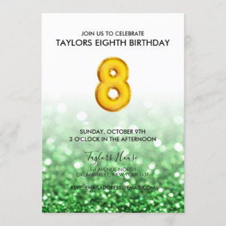 Golden Balloon Green Glitzer 8. Geburtstagsparty Einladung