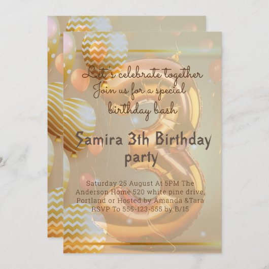 "Golden Balloons 3. Geburtstag Bash!" Einladung (Vorne/Hinten)