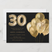 Golden Balloons Black 30. Geburtstag Party Einladung (Vorderseite)