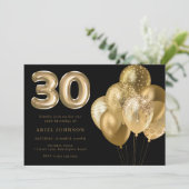 Golden Balloons Black 30. Geburtstag Party Einladung (Stehend Vorderseite)