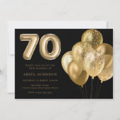 Golden Balloons Black 70. Geburtstagsparty Einladung (Vorderseite)