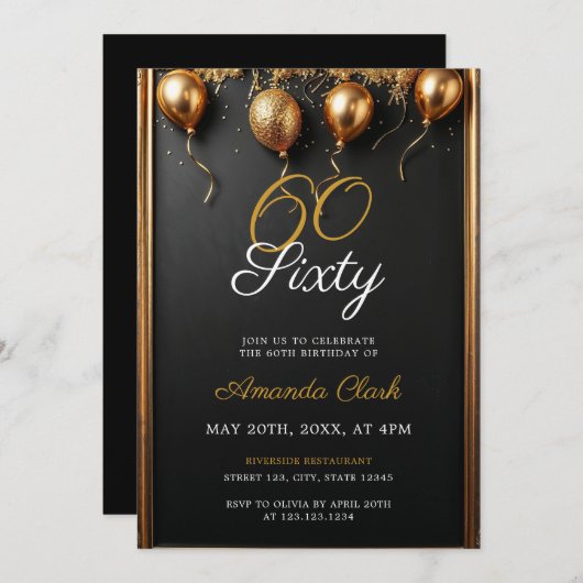 Golden Balloons Confetti & Frame 60. Geburtstag Einladung (Vorne/Hinten)