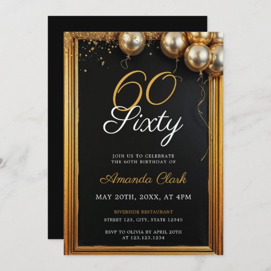 Golden Balloons Frame & Confetti 60. Geburtstag Einladung (Vorne/Hinten)