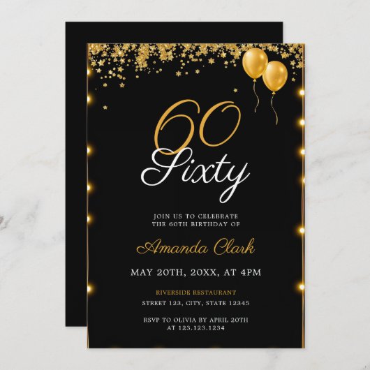 Golden Balloons mit Confetti Lights 60. Geburtstag Einladung (Vorne/Hinten)