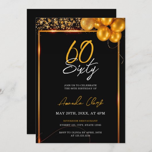 Golden Balloons und Confetti Frame 60. Geburtstag Einladung (Vorne/Hinten)