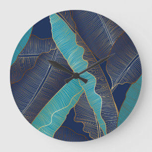 Golden Banana Leaf: Luxuriöses Muster. Große Wanduhr