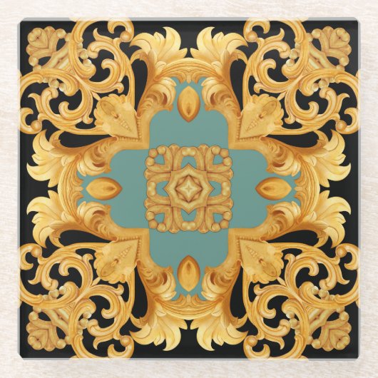 Golden Baroque Ornament 3D Elemente Glasuntersetzer (Vorderseite)