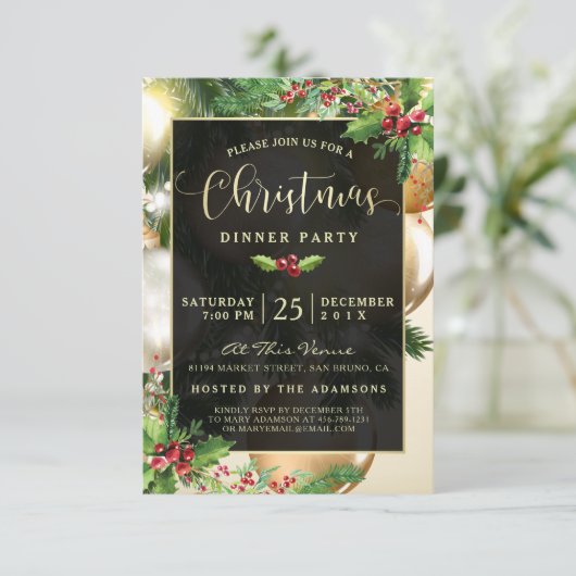 Golden Baubles | Weihnachts-Party Einladung (Stehend Vorderseite)