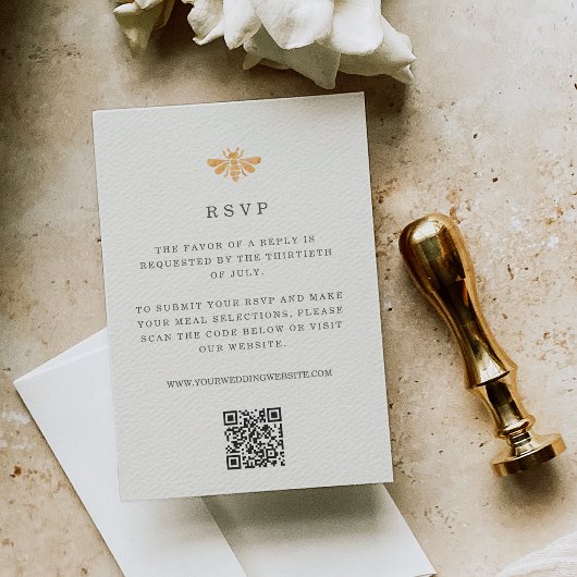 Golden Bee Watercolor Wedding QR Code RSVP Karte
