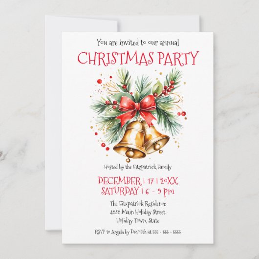Golden Bells mit Red Bow und Pine Christmas Einladung (Vorderseite)