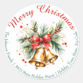 Golden Bells mit Red Bow Weihnachts-Rücksendeadres Runder Aufkleber (Vorderseite)