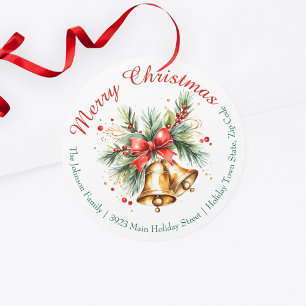 Golden Bells mit Red Bow Weihnachts-Rücksendeadres Runder Aufkleber