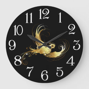 Golden Bird im schwarzen Hintergrund Große Wanduhr