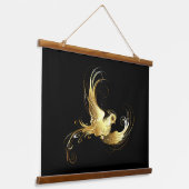 Golden Bird im schwarzen Hintergrund Wandteppich Mit Holzrahmen (Gewinkelt)