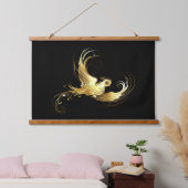 Golden Bird im schwarzen Hintergrund Wandteppich Mit Holzrahmen (Schlafzimmer)
