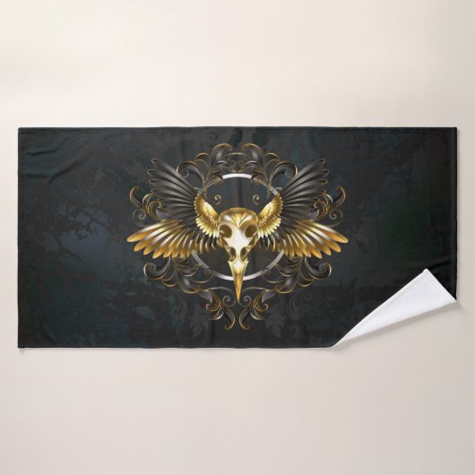 Golden Bird Skull auf schwarzem Hintergrund Badehandtuch (Badehandtuch)