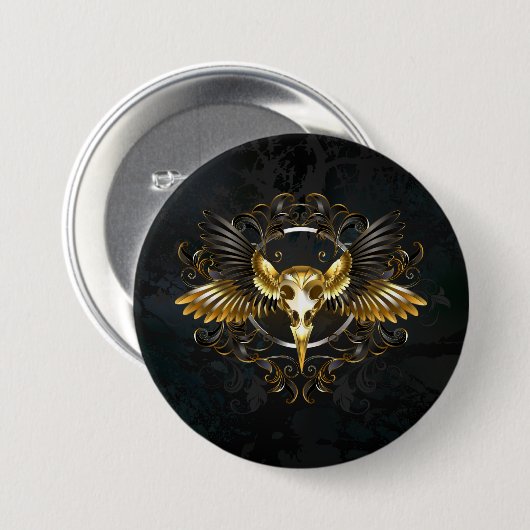 Golden Bird Skull auf schwarzem Hintergrund Button (Vorne & Hinten)